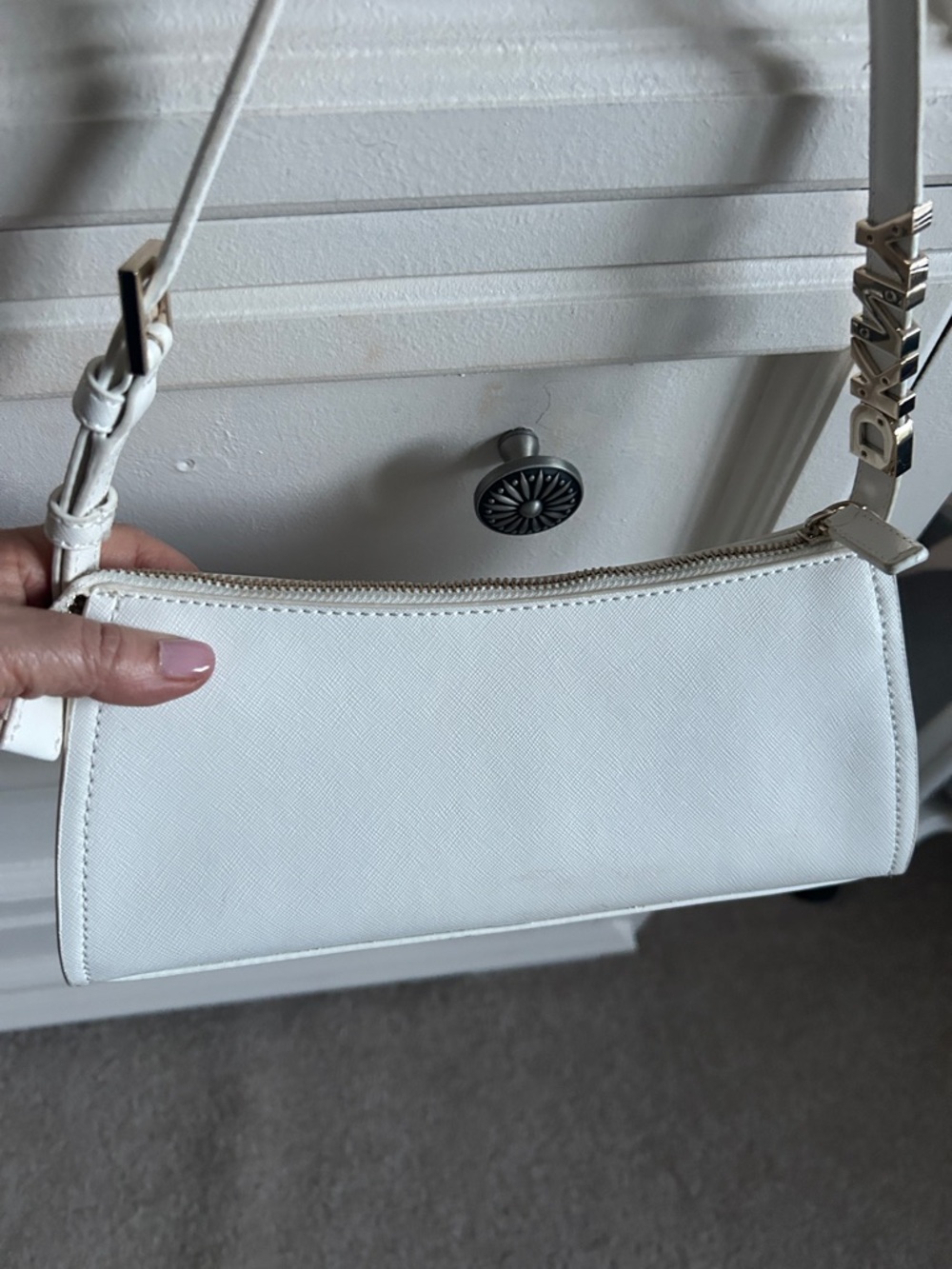 DKNY White fauxLeather Crossbody with Gold-Tone Zip Detailing